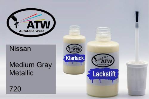 Nissan, Medium Gray Metallic, 720: 20ml Lackstift + 20ml Klarlack - Set, von ATW Autoteile West.